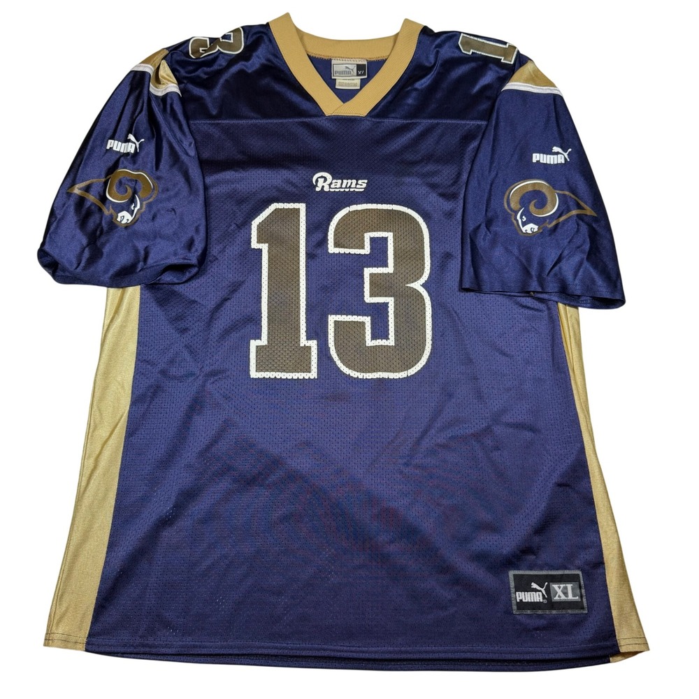 Vintage Puma St Louis Rams Kurt Warner 13 Football Jersey Mens XL Navy Gold